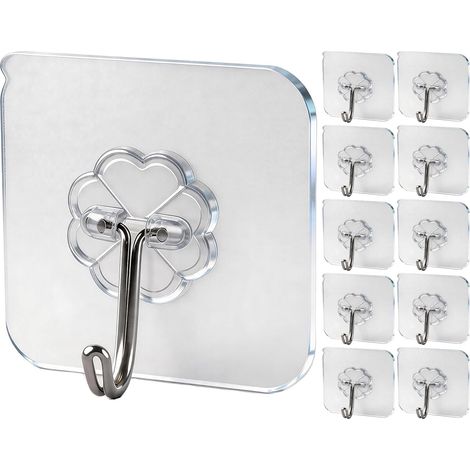 Ganci adesivi trasparenti, non necessitano di foratura - Portata massima 15 kg, impermeabili/resistenti all'olio - Bagno e cucina - Per asciugamani, cappotti, chiavi - Multifunzionali - 10 pezzi (1/5)