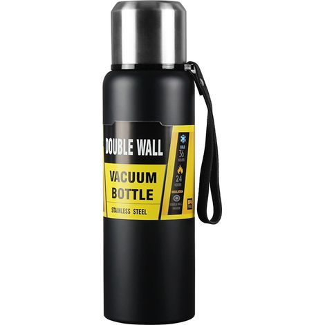 Bouteille isotherme à large ouverture de 1 litre (34 oz) en acier inoxydable à double paroi, idéale pour les boissons chaudes et froides en camping, randonnée, pêche et autres activités. (1/5)