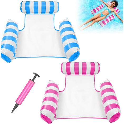 2 Pièces Hamac Gonflable Piscine avec Pompe Air, Matelas Bouées Gonflables 4 -en-1, Lit Flottant Hamac Eau Portable pour Adultes, Accessoire Flotteur Pliable pour Vacances Partie Plage (Bleu, Rose) (1/5)