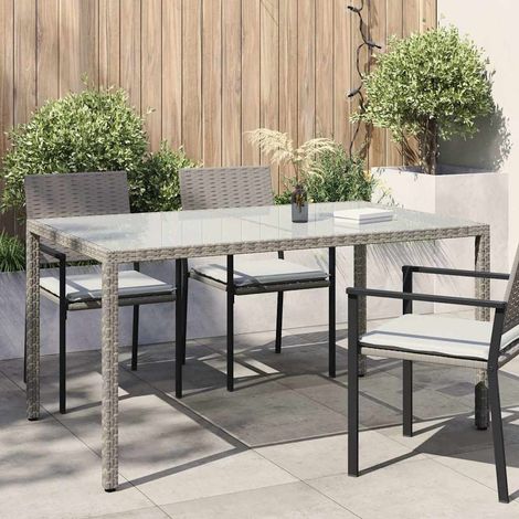 vidaXL Table de jardin 150x90x75 cm Verre trempé et poly rotin Gris (1/5)