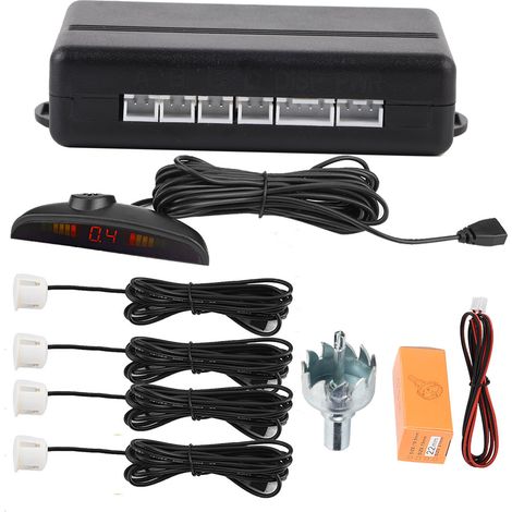 Kit de détection de stationnement avec 4 capteurs radar blanc, système de recul avec annonce vocale en anglais pour voiture (1/5)