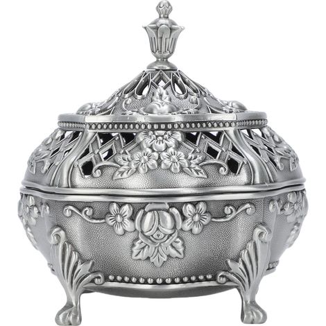 Brûleur d'encens en alliage de zinc avec couvercle, design sculpté ajouré rétro, support pour bâtonnets et cônes, couleur étain antique, 11x9.8cm (1/5)