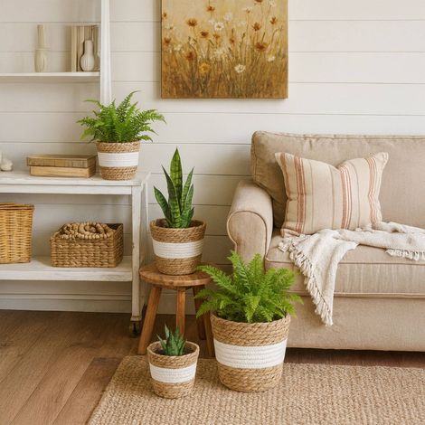 Set di 3 vasi rotondi per piante - design a canne rivestimento incluso