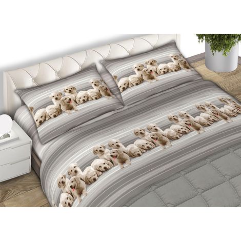Completo Lenzuola In 100% Cotone Made In Italy Dis. Labrador Colore Grigio C.N., misuraMatrimonialecoloreGrigio (1/4)