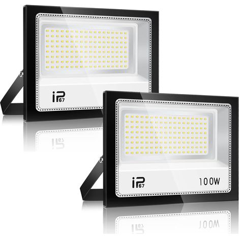 100W Projecteur LED 2 Pièce，10000lm Spot LED Extérieur，7000K Blanc Froid，IP67 Etanche Super Lumineux Eclairage Exterieur，Éclairage mural d'extérieur pour Jardin, Patio, Garage