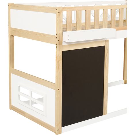 Cama alta infantil 90x200 cm de pino y MDF blanco y natural con pizarra y almacenaje (1/5)
