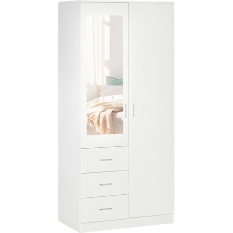 Armoire Moderne Penderie 2 Portes avec Miroir et 3 Tiroirs, Étagères Régliables et Barre À Penderie, 80x50x180cm, Blanc