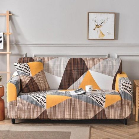 Housse de Canapé Extensible 2 Place Couverture Canapé avec Accoudoirs, Géométrie Brun (1/5)