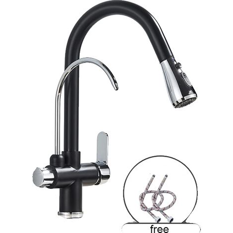 Küchenarmatur, Zweigriffarmatur, ausziehbare Brausefunktion, schwarz und verchromt (1/2)