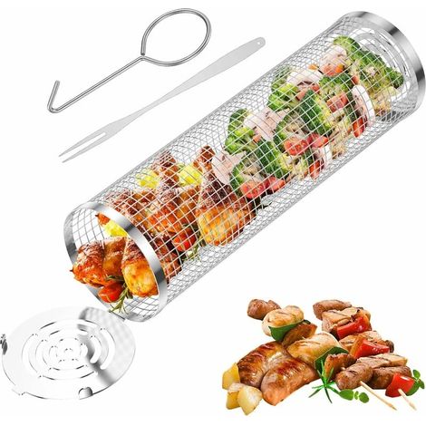 Panier à griller à roulettes, grille de barbecue en acier inoxydable, paniers à griller avec crochet (1 pièce) (1/4)