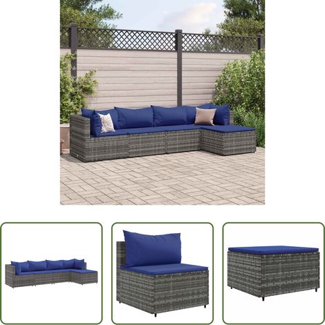 vidaXL Rattanmöbel - 5-tlg. Garten-Lounge-Set mit Kissen Grau Poly Rattan (1/5)