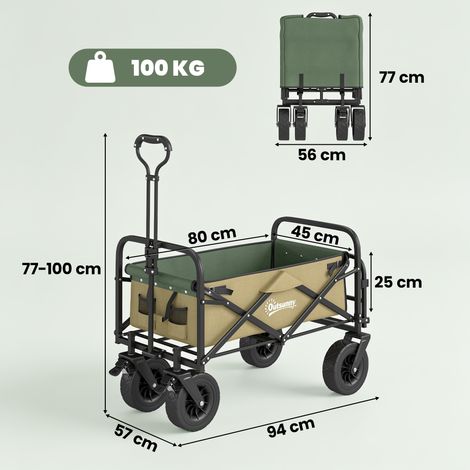 Chariot de jardin de 110 L avec poignée télescopique et fond articulé, en acier et tissu Oxford, couleur kaki. (1/5)