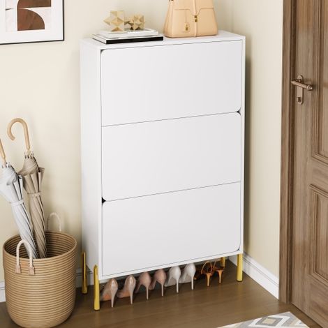 Meuble à chaussures 3 portes rabattables blanc 73x24x120 cm – Pieds dorés, gain de place pour entrée (1/5)