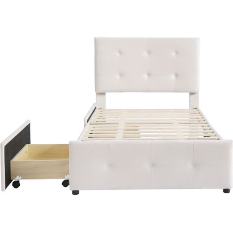 Lit rembourré 90 x 200 cm Lit avec sommier à lattes, dossier et deux tiroirs, tissu velours agréable à la peau Beige lit simple plat lit d'enfant lit de jeune lit d'invité (sans matelas) (1/5)
