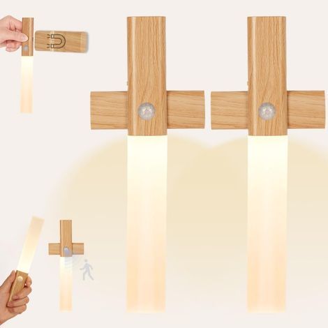 2PCS Applique Murale en Bois avec Détecteur de Mouvement. Veilleuse Rechargeable Murale intérieur. Lampe Murale sans fil. Magnétique Lampe de Chevet murale Pour Escalier Chambre Couloir. Ronde (1/5)