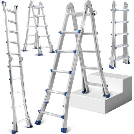 Randaco Échelle télescopique escabeau 3m argentée, pliante, multifonction, intérieur/extérieur, 150kg