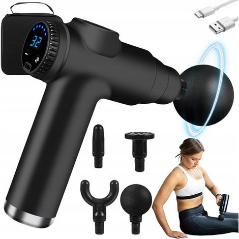 Mini pistola de masaje eléctrica - Pistola de masaje fascial - 32 velocidades - 3500 RPM - 1800 mAh - 4 cabezales de masaje - Con pantalla LCD - Para relajar los músculos del cuerpo (1/5)