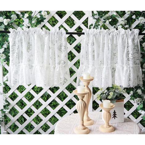 Lot de 2 rideaux brise-bise en dentelle blanche - Moderne - Motif floral - Aspect crochet - Court - En polyester - Style maison de campagne - Pour armoire de café - 45 x 90 cm (H x l) (1/5)