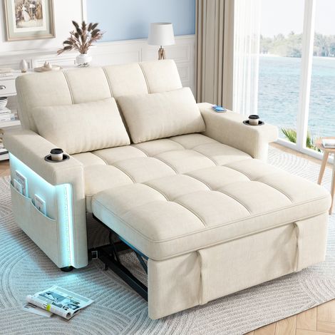 Sofá de 2 plazas convertible en cama, iluminación LED, puerto de carga USB/Tipo C, respaldo ajustable, cojines, portavasos, bolsillo lateral, tejido de chenilla, color beige. (1/5)
