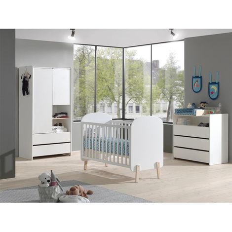 Pack - Lit Bébé 60x120cm, Commode, Plan à Langer & Armoire 2 Portes "Kiddy" Blanc (1/5)