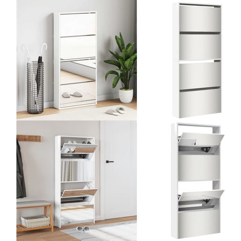 Armoire à chaussures miroir 4 niveaux blanc brillant - Meuble Chaussure - Armoire Chaussure - Range Chaussures - Étagère Chaussure - Rangement Intérieur - Home & Living