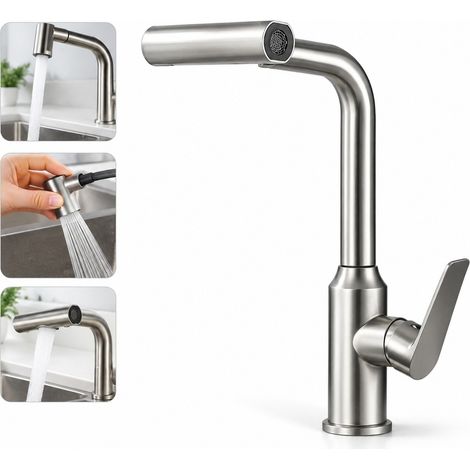 Mitigeur d'évier extirable en acier inoxydable finition gris foncé, douchette pulvérisatrice 2 modes au choix, flexible extensible 60 cm anti-torsion, eau froide et chaude (1/3)