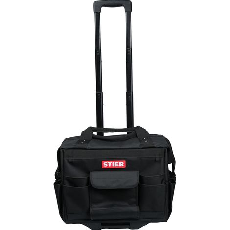 STIER Werkzeugtrolley Premium+, leer und unbestückt, schwarzer Werkzeugkoffer, reißfestes Polyester, 19 Fächer, Leichtlauf-Rollen und ergonomischer Griff für komfortablen Transport