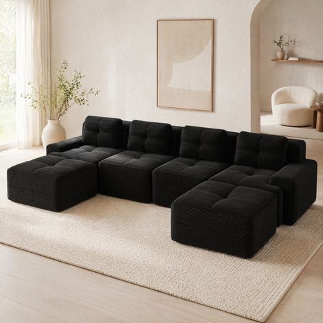 Divano modulare a U 4 posti in velluto a coste nero, senza montaggio, OKWISH (1/5)