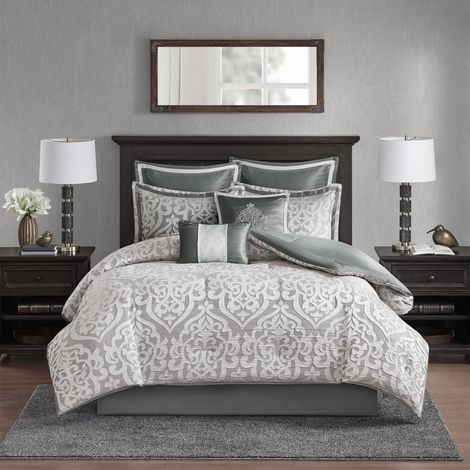 Parure de lit Alternative en Duvet Toutes Saisons, taies Assorties, Jupe de lit, oreillers décoratifs, Polyester, Couette argentée 8 pièces, Grand lit (1/5)