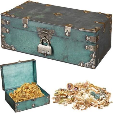 Coffre Trésor Vintage en Bois, 24 x 17 x 9.5cm Coffre au Trésor avec Cadenas, Boite avec Cadenas Pirate, pour ranger des colliers, des boucles d'oreilles, des bagues (1/5)