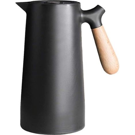 Schwarze, doppelwandige Glas-Isolierkanne mit 1000 ml Fassungsvermögen und Holzgriff (1/3)