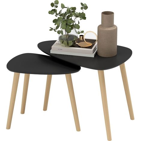 Set of 2 tables low nesting design scandinave feet in wood and tray in wood, black (1/5)
