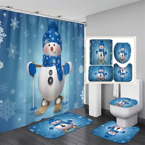 Rideau De Douche Noel - Ensemble Complet Avec Tapis Anti-Dérapant Et Couvre-Cuvette - Motif Bonhomme De Neige - 70 8 X 70 8 Pouces - 4 Pièces (1/5)