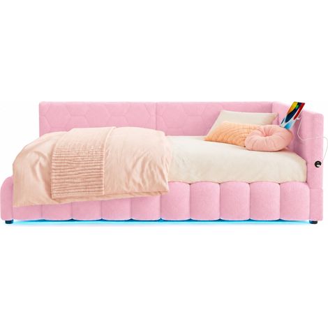 Lit banquette 90x200 cm avec coffre hydraulique, LED multicolore, ports USB et Type-C, sommier inclus, rose, pour chambre moderne - CHICFURN (1/5)