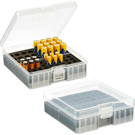 Relaxdays Organiseur à piles, lot de 2, pour 60 AA & AAA, HxLxP : 5,5 x 15 x 15,5 cm, range-piles, transparent - noir