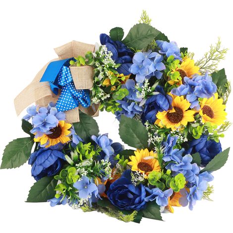 Guirlande de fleurs couronne bleue et jaune pour porte d'entrée (1/5)