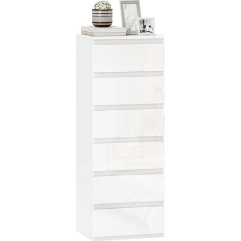 Commode 6 tiroirs à haute brillance, meuble de rangement étroit sans poignées, 40 x 35 x 109 cm, blanc