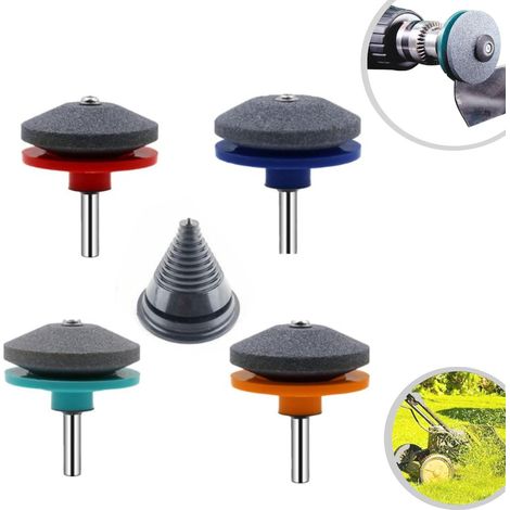 Set mit 4 Schärfgeräten für stumpfe Rasenmähermesser, geeignet für elektrische Bohrmaschinen, universelles, verschleißfestes Rasenmäher-Schärfwerkzeug mit Messerauswuchtung