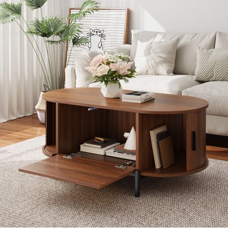 Tavolino da caffè ovale con contenitore, MDF finitura noce, gambe in metallo nero DESVIAE (1/5)