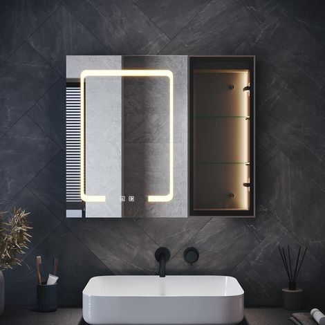 SONNI Badezimmer LED Spiegelschrank mit Integrierter Ambientebeleuchtung und Glasablage, 3 Einstellbar Lichtfarben, 700x600x130mm, Hanf Schwarz (1/5)