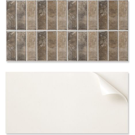 Suelo vin铆lico autoadhesivo con baldosas de nervadura vertical estampadas de 10x40x20 cm.