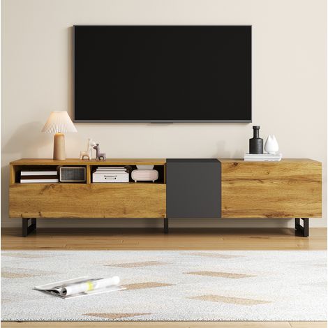 Mueble de TV (170x36.5x42 cm), con tres puertas y dos compartimentos abiertos, tablero de partículas, gris oscuro antiguo y natural (1/5)