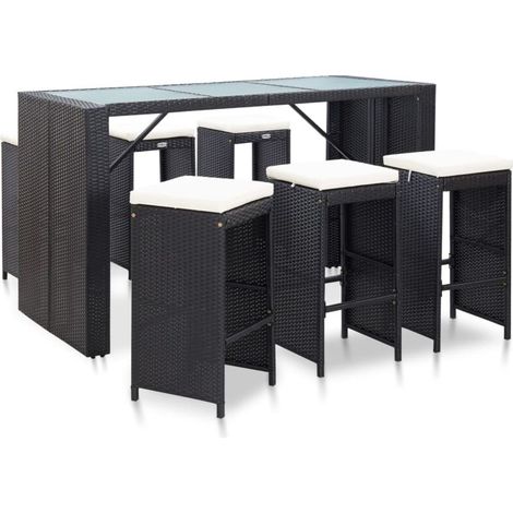 – Meuble de bar de jardin 7 pcs – Résine tressée noire – Table 185x80x110 cm – Tabourets 40x40x76 cm – Coussins épais amovibles (1/5)