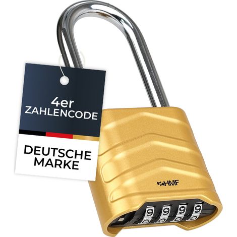 HMF Zahlenschloss Vorhängeschloss mit hohem Bügel, robustes Schloss mit 4-stelligem Zahlencode aus Aluminiumlegierung, 5,6 x 2,6 x 11,7 cm, Gold
