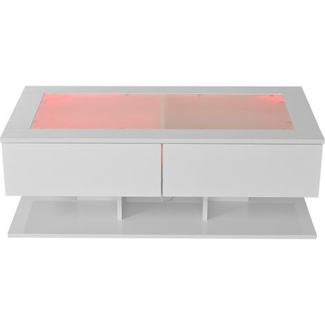 Couchtisch 100 x 50 x 35 cm Weiß Hochglanz mit 2 Schubladen, ESG-Glasplatte und LED-Licht (1/5)