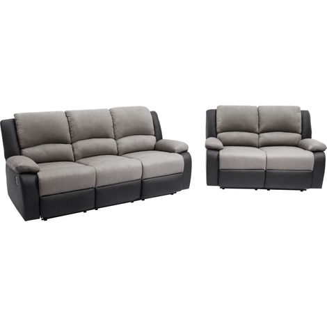 Loungitude – Canapé relax 3 places et 2 places – Microfibre grise et simili noir – Inclinaison jusqu'à 170° – Repose-pieds relevable – Confort optimal