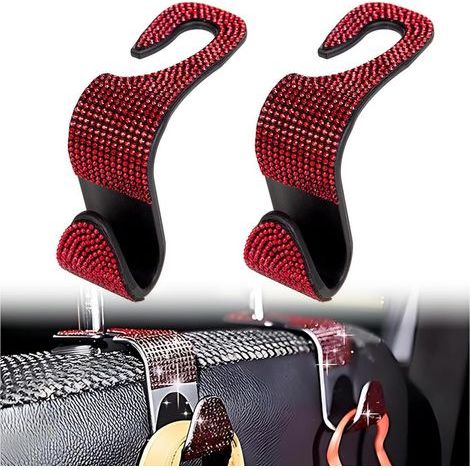 CCYKXA Car Seat Headrest Hook, 2 pcs Car Seat Back Hooks, Car Storage Hooks, Car Interior Rhinestone, for Hanging Clothes, Handbags, Red (1/5)