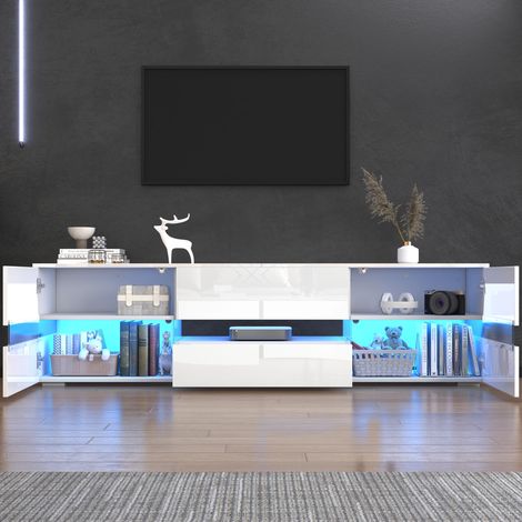 Meuble TV blanc brillant 160 x 39 x 45cm avec LED, 2 portes, 1 tiroir et niche ouverte (1/5)