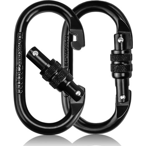Lot de 2 Mousquetons d'escalade, Résistance 25 KN (2500 kg), Mousqueton à Vis avec Contre-Écrou, Acier Allié Chromé, Pivotant, pour Escalade, Hamac, Camping, Balançoire, Extérieur – Noir (1/5)