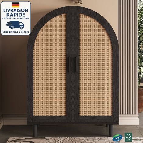 Scarpiera in rattan - Presenta un esterno arrotondato, ante cave in rattan e tre ripiani - Legno certificato PEFC - japandi (1/5)